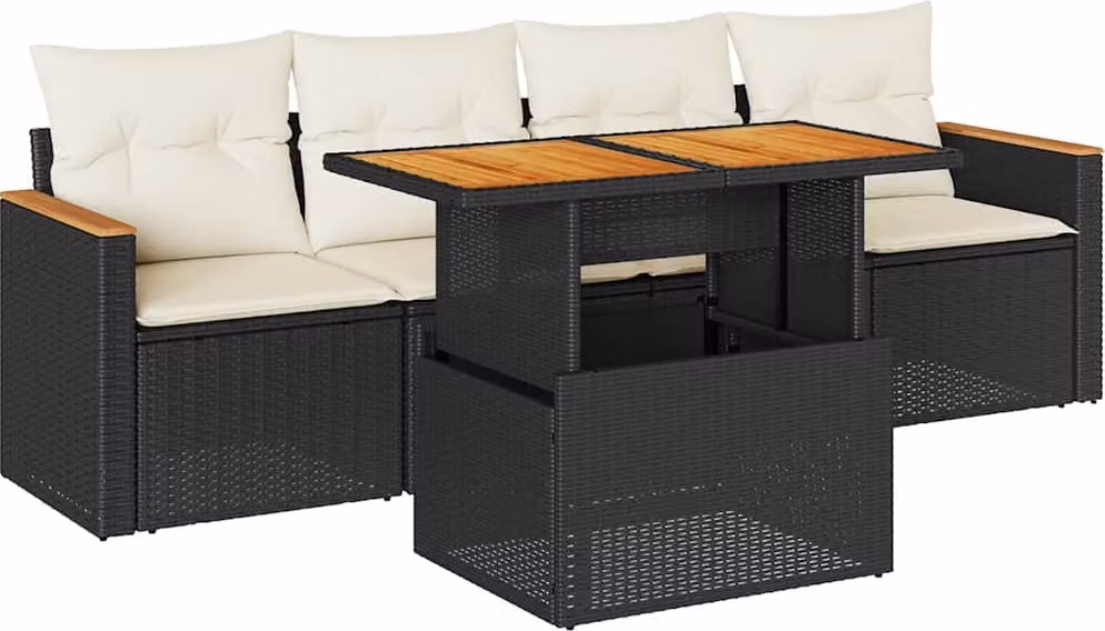 Set Divani da Giardino 5 pz con Cuscini Nero Polyrattan Acacia