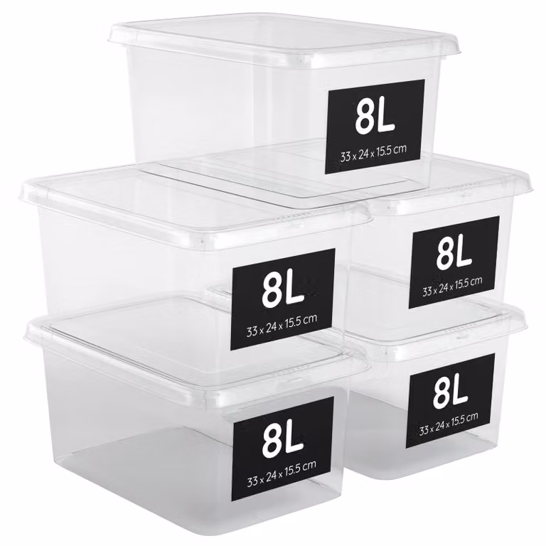 Contenitori con coperchio, capacità 8 litri, dimensioni 33x24x15,5 cm, trasparenti, impilabili
