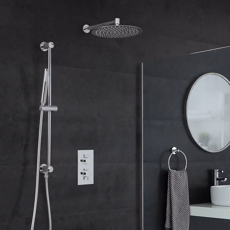 Set Doccia Termostatica Mirage con Miscelatore, Soffione Rain 300mm e Asta Saliscendi, Colore Argento/Cromo