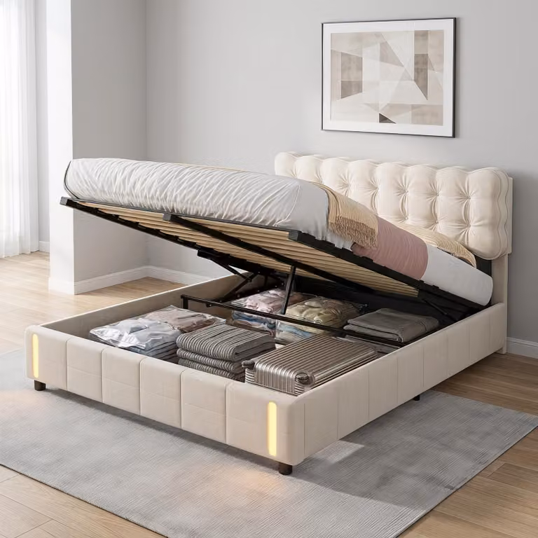 Letto imbottito con contenitore INONEFT, 140x190 cm, con LED. Letto a molle con contenitore. Letto matrimoniale con struttura e rete a doghe/contenitore. Letto per ragazzi, in velluto, color beige