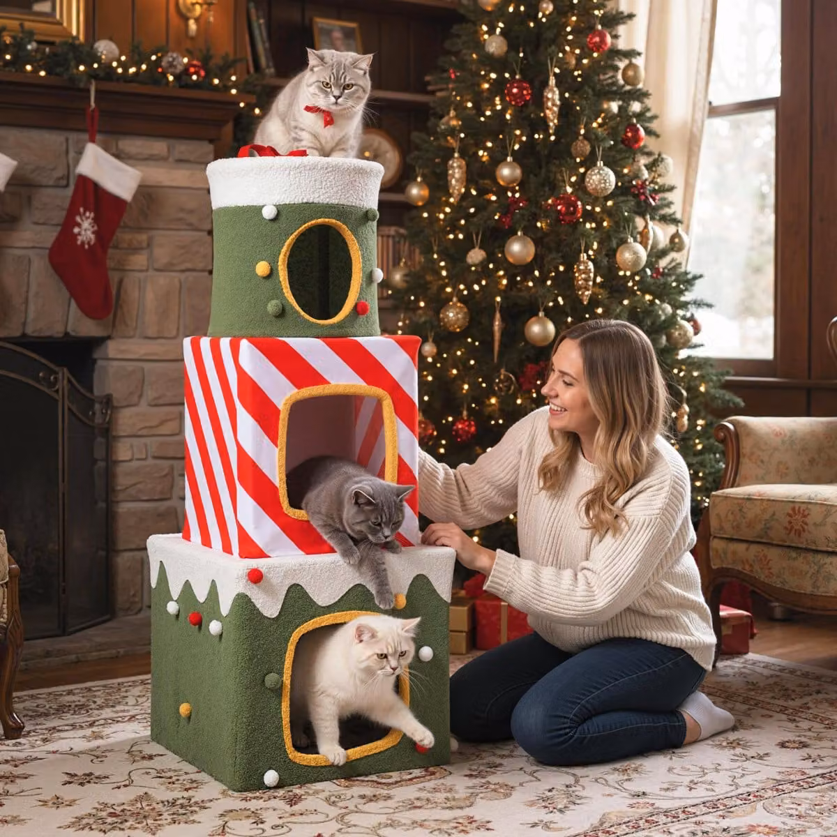 Albero di Natale per gatti Costway Verde con 3 condomini, caverne nascoste e giocattoli integrati, Altezza: 120 cm