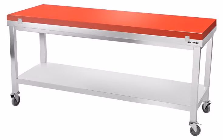 Tavolo da lavoro in acciaio inossidabile, dimensioni 1800x600 mm, con piano di taglio rosso su ruote, modello PREMIUM - GOLDINOX