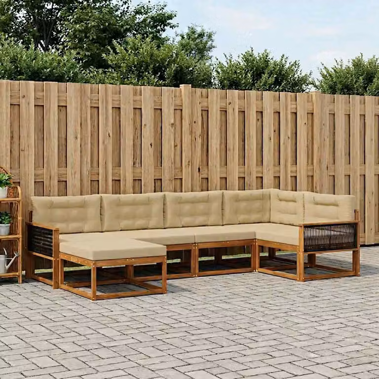 Set di divani da esterno vidaXL a forma di L in legno di acacia con pouf e cuscini, Beige e Marrone