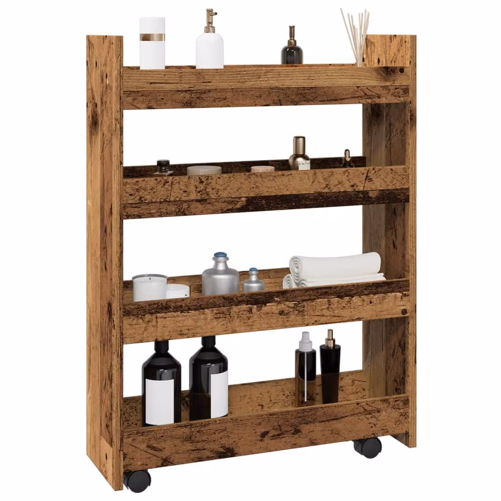 vidaXL Carrello Stretto a 4 Livelli in Legno Antico Marrone con Ruote per Cucina, Soggiorno o Bagno, L/P/H: 60 x 20 x 82 cm