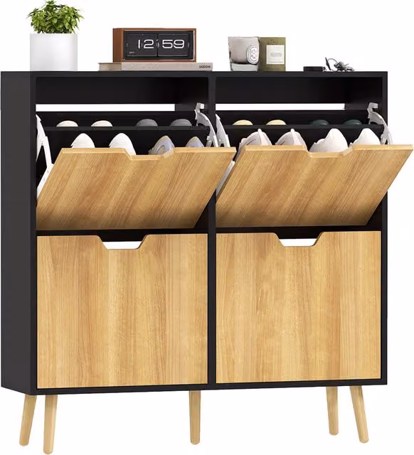 Scarpiera Salvaspazio 4 Ante ¨C Xylo ¨C Legno Naturale e Nero 95x26x95cm