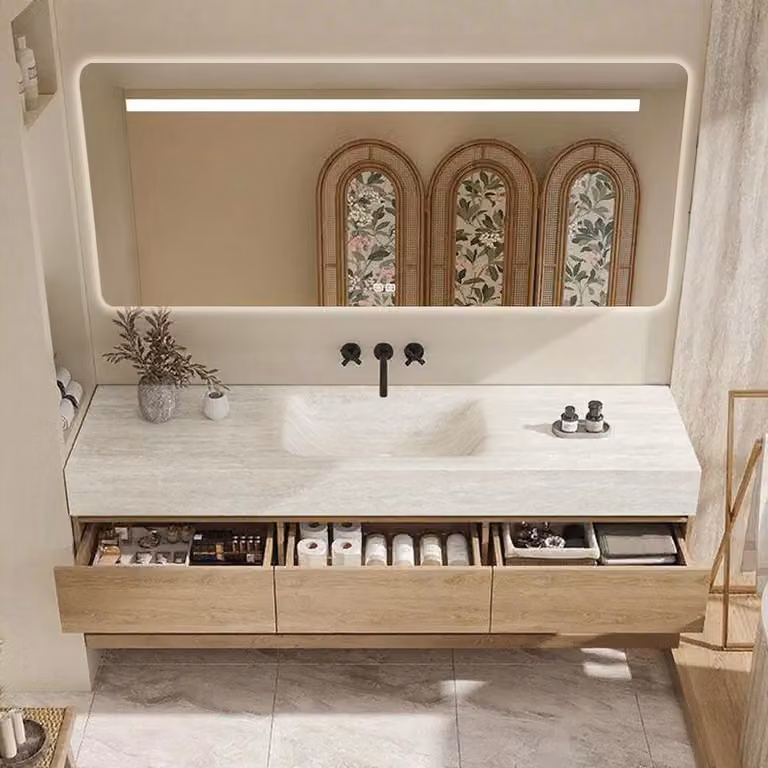 Set lavabo sospeso - Pietra sinterizzata - Effetto travertino, con specchio, mobile sottolavabo, ripiano e scarico, senza foro per rubinetteria 130×55 cm【RW9865-130 BKK】