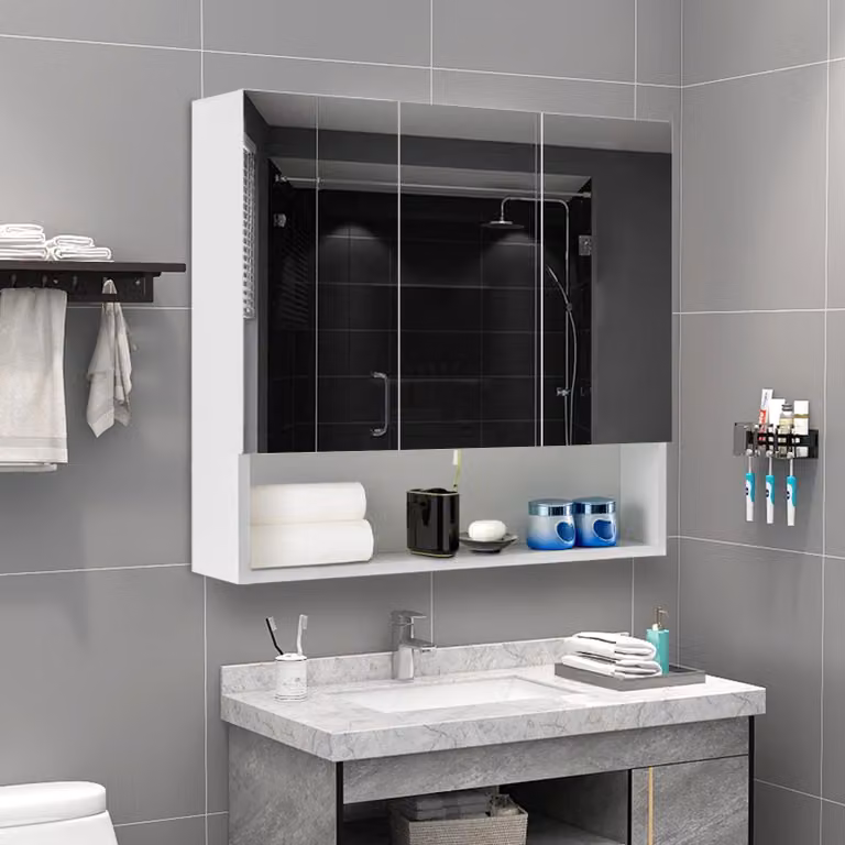Mobile contenitore con specchio, dotato di 3 ante, ripiani interni regolabili e progettato per essere montato a parete, ideale per il bagno