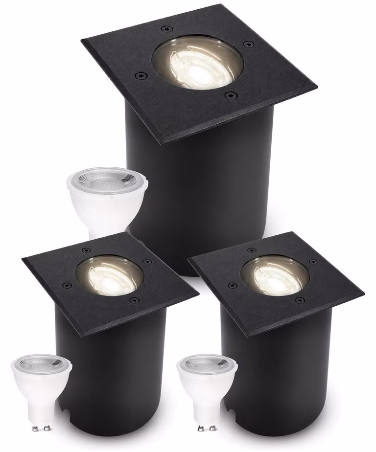 SSC-LUXon 3 pezzi JUAVI luce a terra da incasso per esterno nero quadrato - luce esterna da giardino dimmerabile con GU10 LED bianco neutro 7W