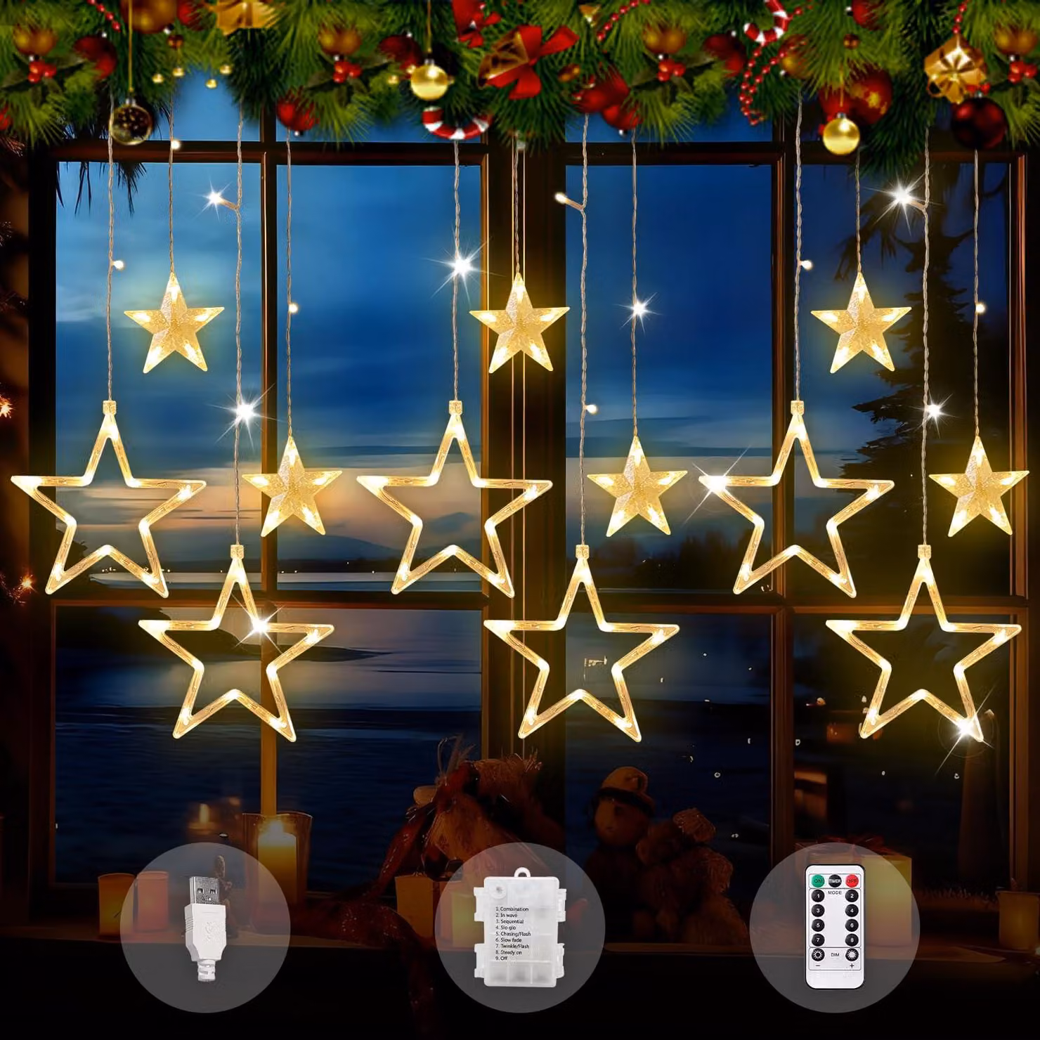 Decorazioni natalizie per finestre, forma a stella, tenda luminosa di 3,5 metri con timer, 8 modalità, grado di protezione IP44