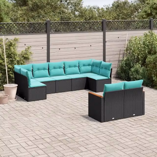 Set Divani da Giardino 9 pz con Cuscini Nero in Polyrattan 3226288