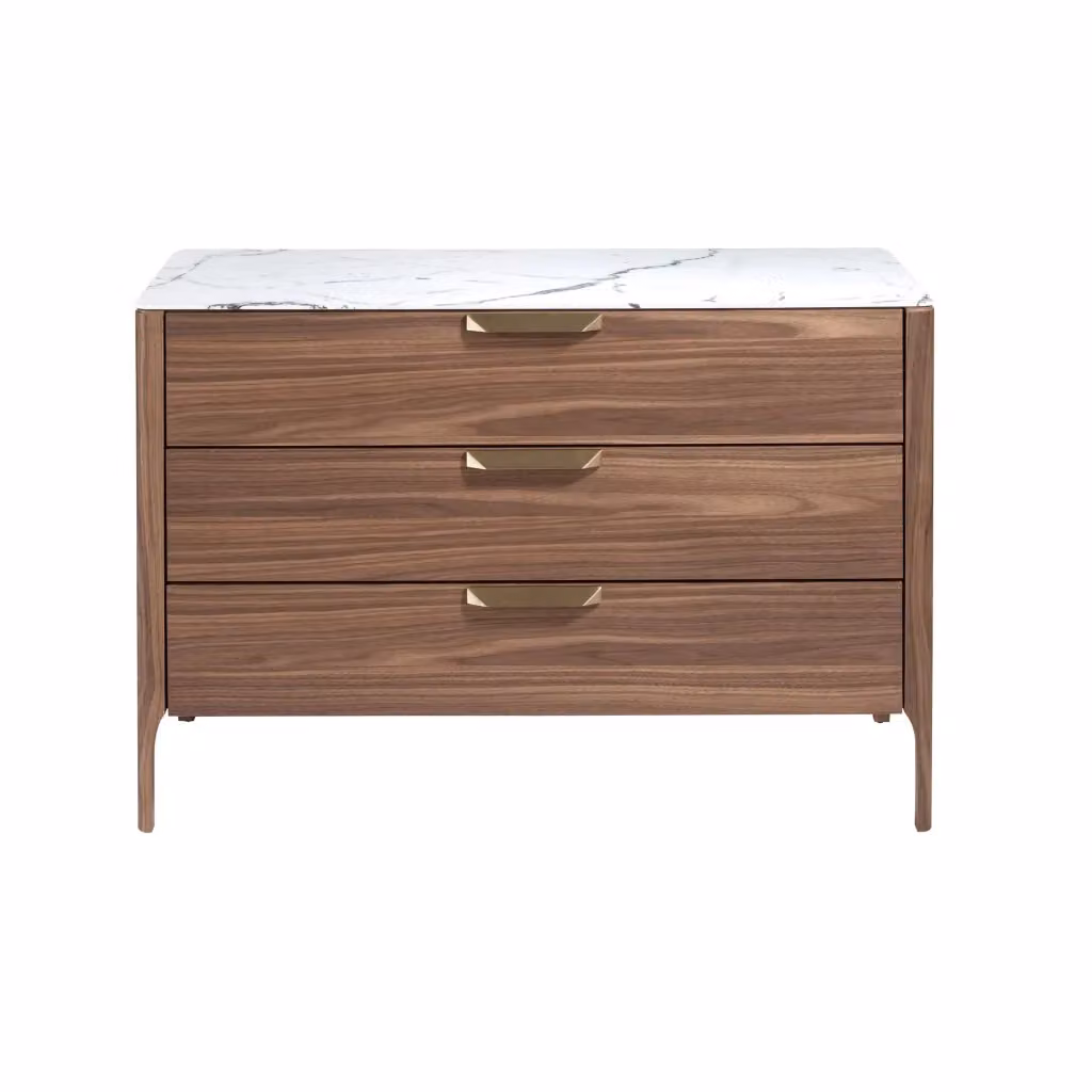 Cassettiera moderna Angel Cerdá in noce con piano in vetro effetto marmo e cassetti soft-close L: 120 cm, H: 80 cm, P: 45 cm – 2