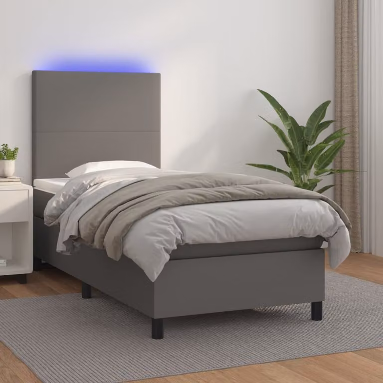 The Living Store Letto a molle con materasso e LED grigio 100x200 cm in ecopelle