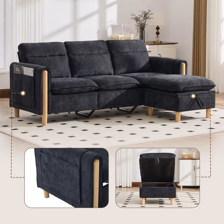 Divano a tre posti in stile nordico, poggiapiedi contenitore, tasche laterali, gambe in legno, forma a L (grigio scuro)