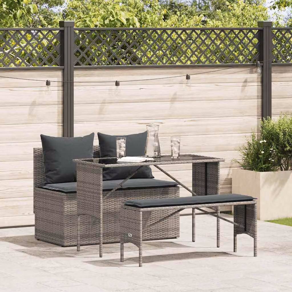 Set da pranzo da giardino vidaXL in polyrattan grigio con cuscini e tavolo in vetro per esterno
