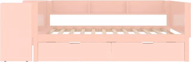 Letto singolo in legno 90x200 cm con scrivania, 2 cassetti e scaffali, colore rosa