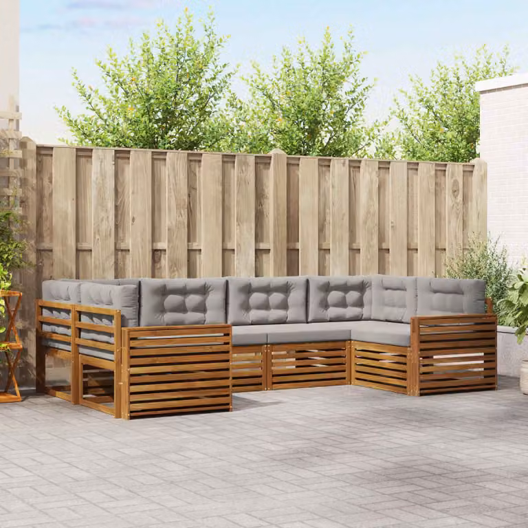 Set di divani da esterno vidaXL a forma di L composto da 6 pezzi in legno di acacia con cuscini grigi