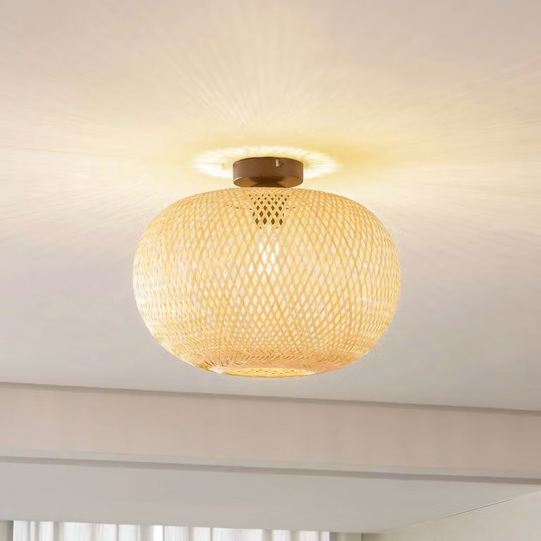 Plafoniera soffitto Kessia Lindby, dimmerabile, Legno chiaro, Soggiorno / Sala da pranzo, bambù, Campagna / Rustiche, Plafoniera