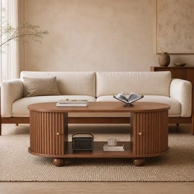 Tavolino da salotto ovale MODFU in MDF color noce con vano contenitore e porta scorrevole L/P/H: 100 x 50 x 40 cm
