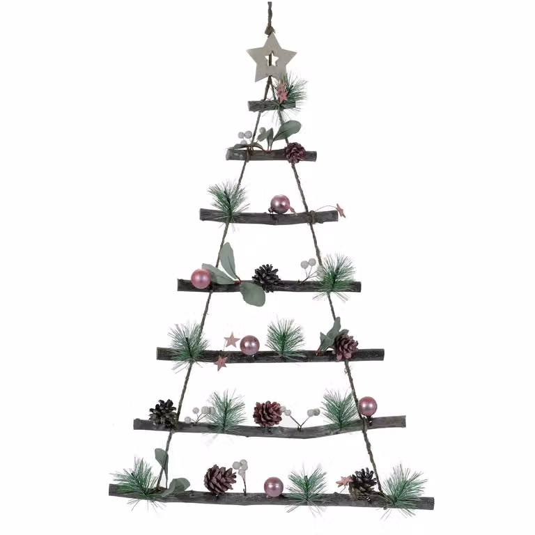 Appendino Natalizio Albero in Legno Vestiamo Casa con Rami Naturali e Decorazioni Rosa, Altezza: 68 cm