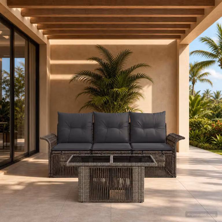 Set Divano da Giardino vidaXL 4 Pezzi in Polyrattan Grigio e Antracite con Cuscini e Tavolino