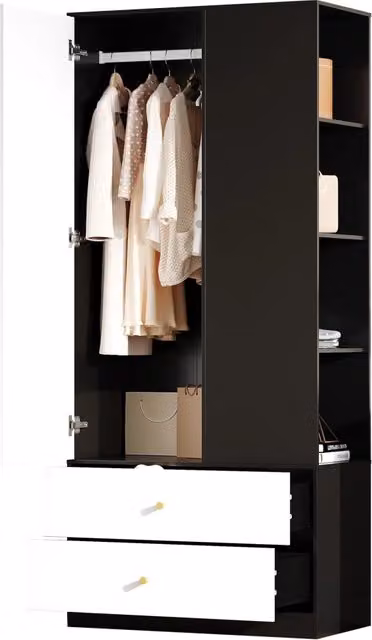 Armadio Guardaroba Bianco e Nero 80×40×180 cm con Specchio; 1 Anta; 2 Cassetti e 4 Ripiani