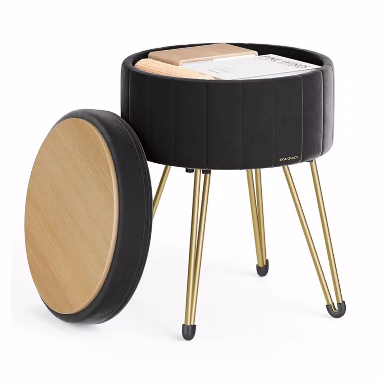 Sgabello Pouf Contenitore Cassapanca Rotonda, Nero Inchiostro