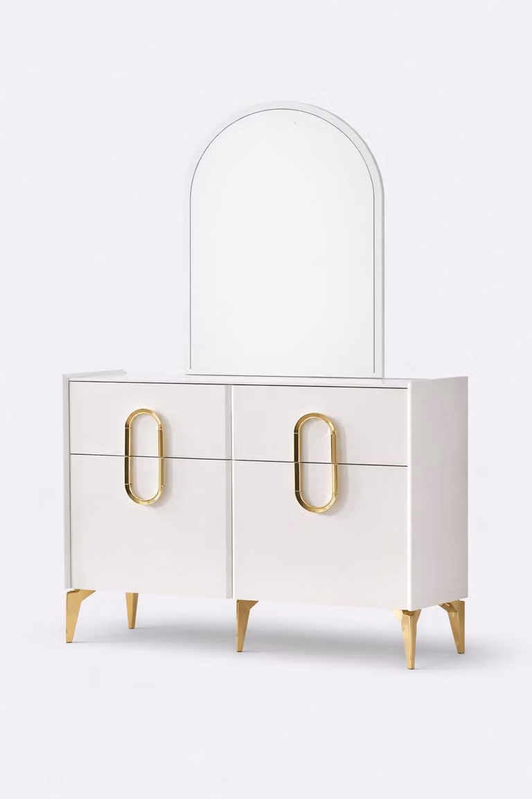 Comò da trucco elegante dal design moderno, dotato di un comodo spazio contenitore