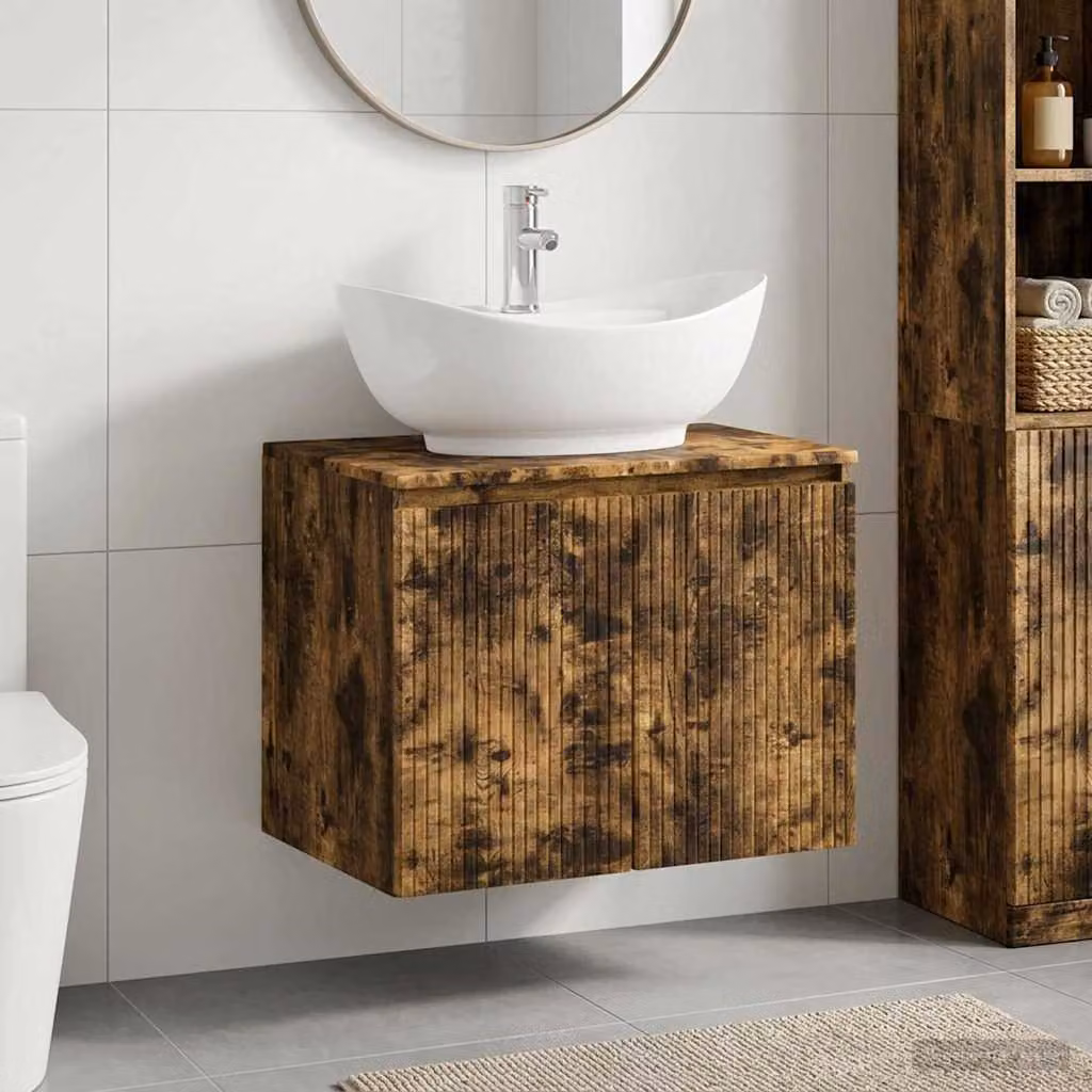 Set di mobili per il bagno moderno vidaXL in legno MDF color marrone con ante a cerniera e montaggio a parete