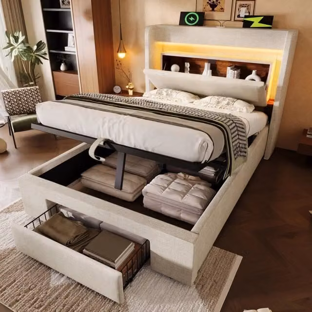 Letto contenitore Mivray con testiera in lino beige, vani LED e porte USB/USB-C, dimensioni 90 x 200 cm