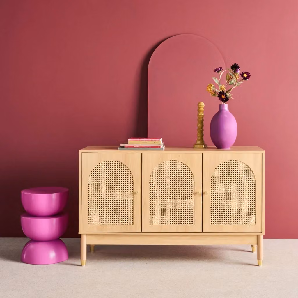 Credenza Sweeek in legno e rattan stile boho, marrone naturale, L: 120 cm – 2
