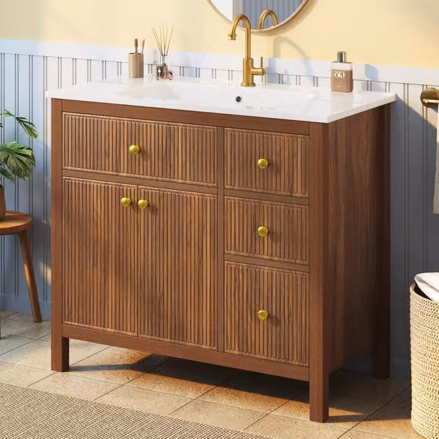 Mobile bagno 91 cm con lavabo in ceramica, texture ondulata, cerniere soft-close, 2 ante, ripiani e cassetti, no rubinetto, colore noce