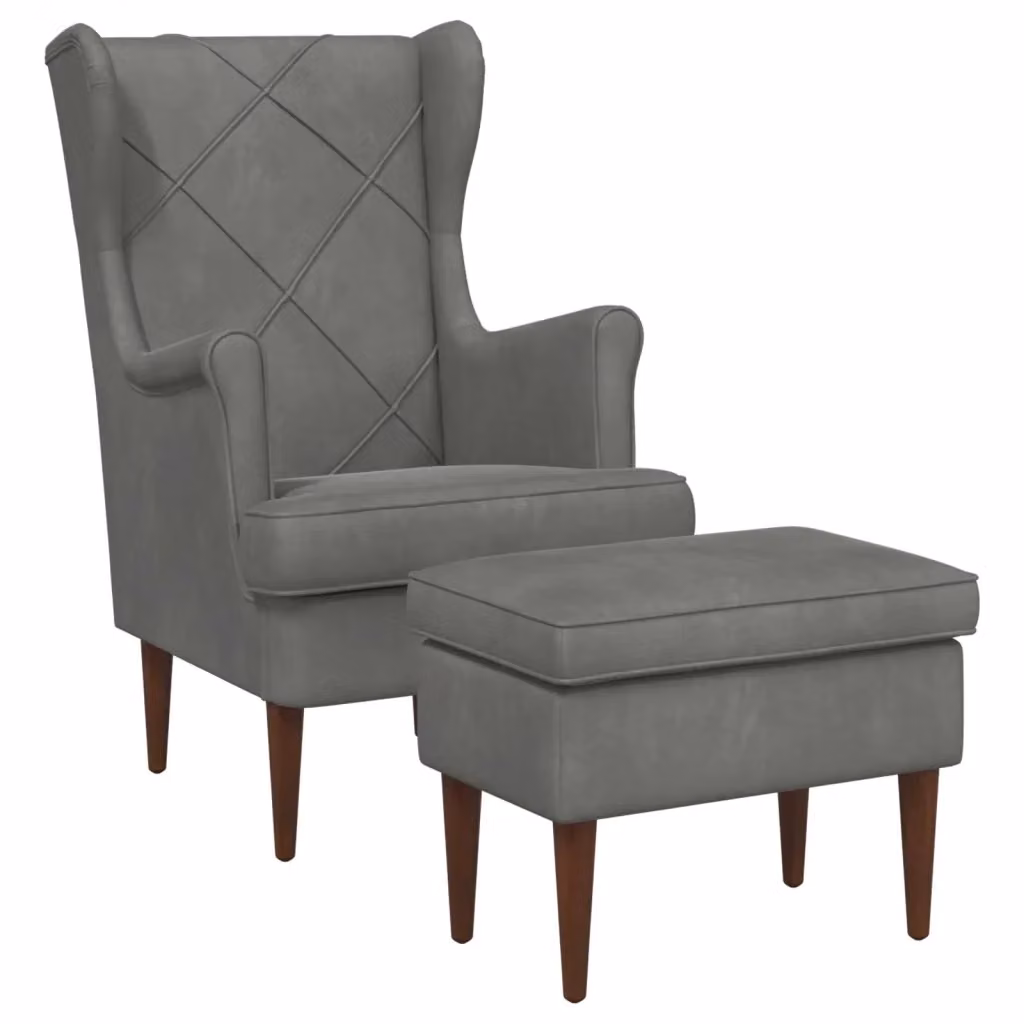 Set di Poltrona con Ottoman vidaXL in Velluto Grigio con Braccioli e Struttura in Legno e Metallo – 2