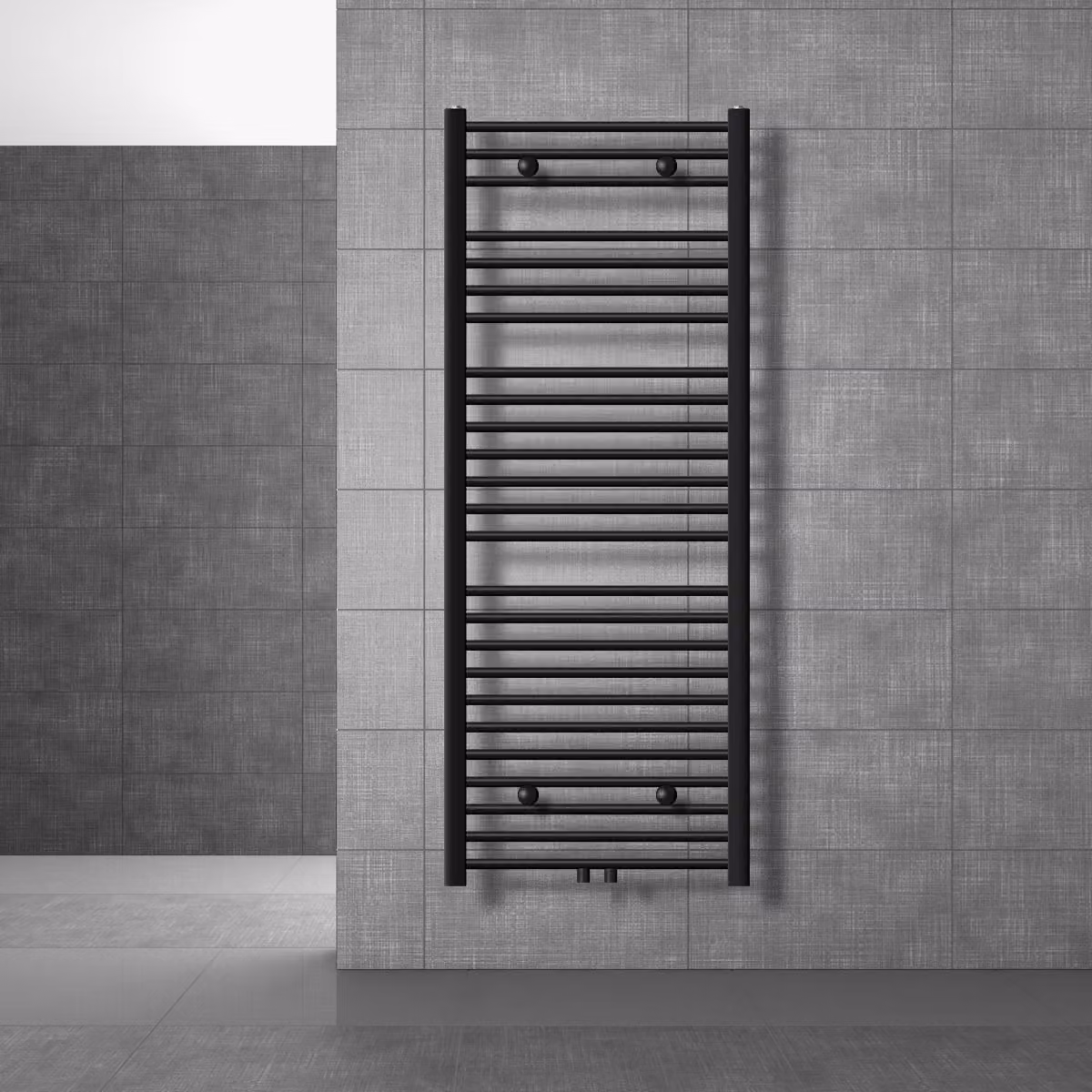 Radiatore da bagno LuxeBath Sahara 600x1500 mm, nero opaco, diritto, attacco centrale incl. set di raccordi con termostato angolare a parete, senza resistenza elettrica