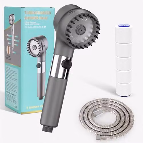 HONBOO Doccino per Doccia Pulifer,Soffione Doccia Alta Pressione con 3 Modalità,soffione doccia con tubo 1.5m,Soffione Doccia con Pulsante Stop Acqua,Adatto per Bagno Domestici,Grigio