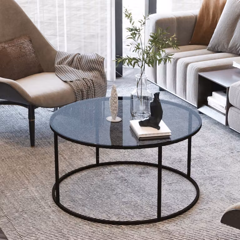 Tavolino Kolari 45 x 80 cm Tavolino da salotto Tavolo in vetro Tavolo da divano rotondo Vetro fumé 4 mm Nero