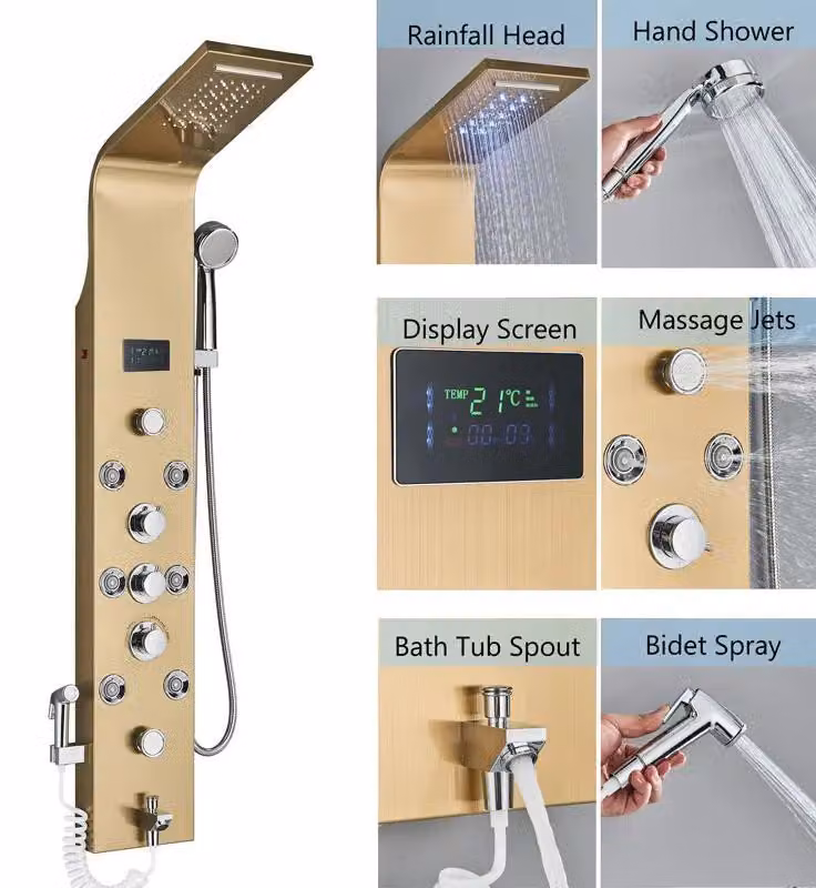 Pannello doccia, con illuminazione a LED, comandi multipli, modello Gold 8009
