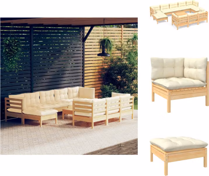 vidaXL set salotto da giardino 11 pezzi con cuscini crema in legno di pino massiccio - Set di mobili da giardino