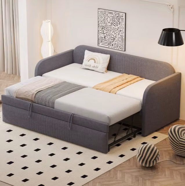 Divano letto estraibile 90x190 cm grigio in tessuto di lino con rete a doghe