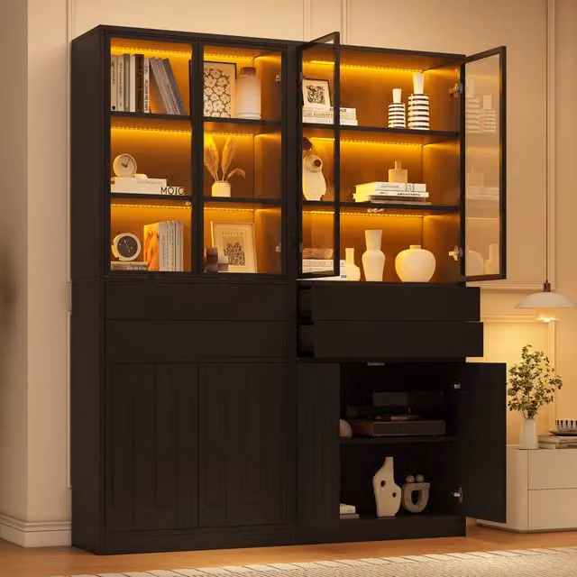 Desviae Vetrina a 2 elementi con 4 ante in vetro LED Bluetooth 2 cassetti in truciolato nero per soggiorno 140 × 34 × 180 cm