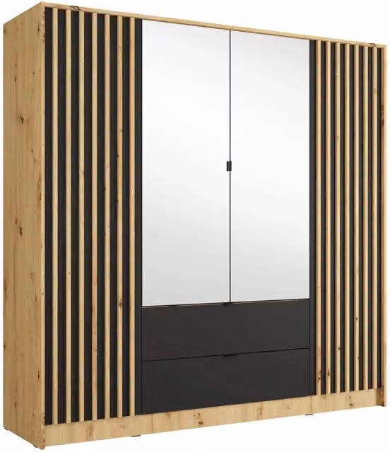 Armadio TORVIK 4 porte con specchi, cassetti e listelli quercia e nero 200 cm