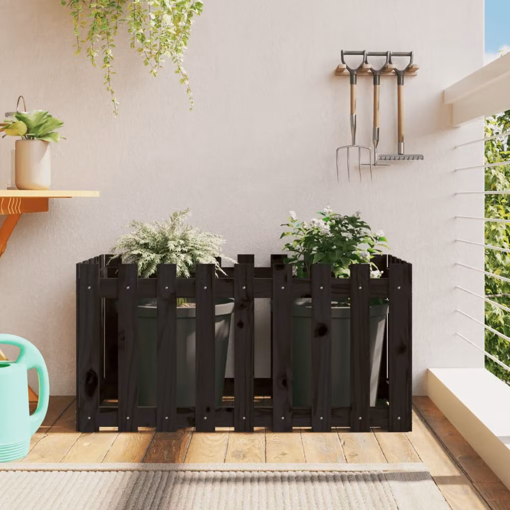 Fioriera da giardino a recinzione vidaXL in legno di pino massello, colore nero, L: 100 cm, P: 50 cm, H: 50 cm