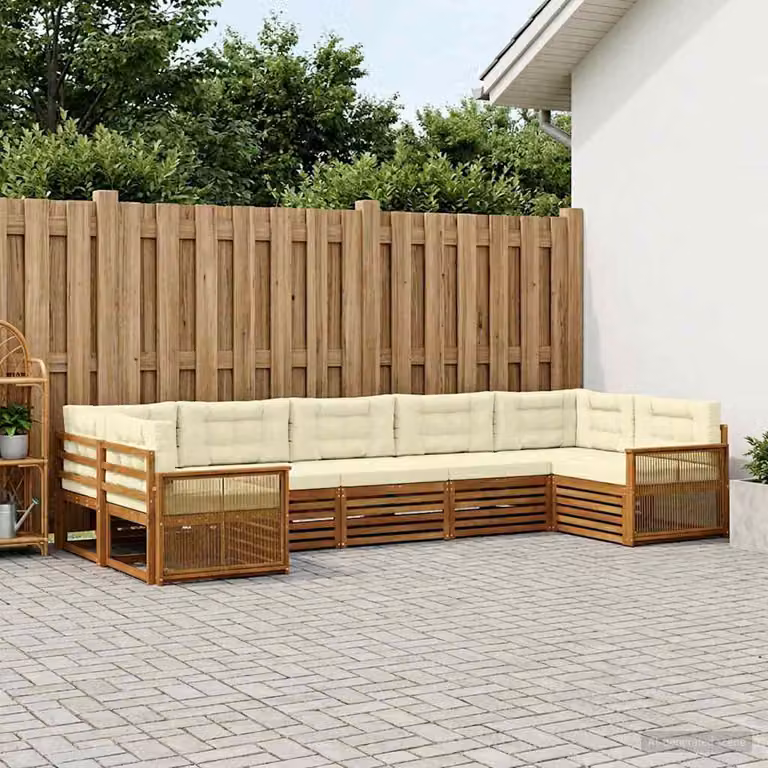 Set di divani da esterno vidaXL a forma di U in legno di acacia con cuscini, colore beige, bianco e marrone