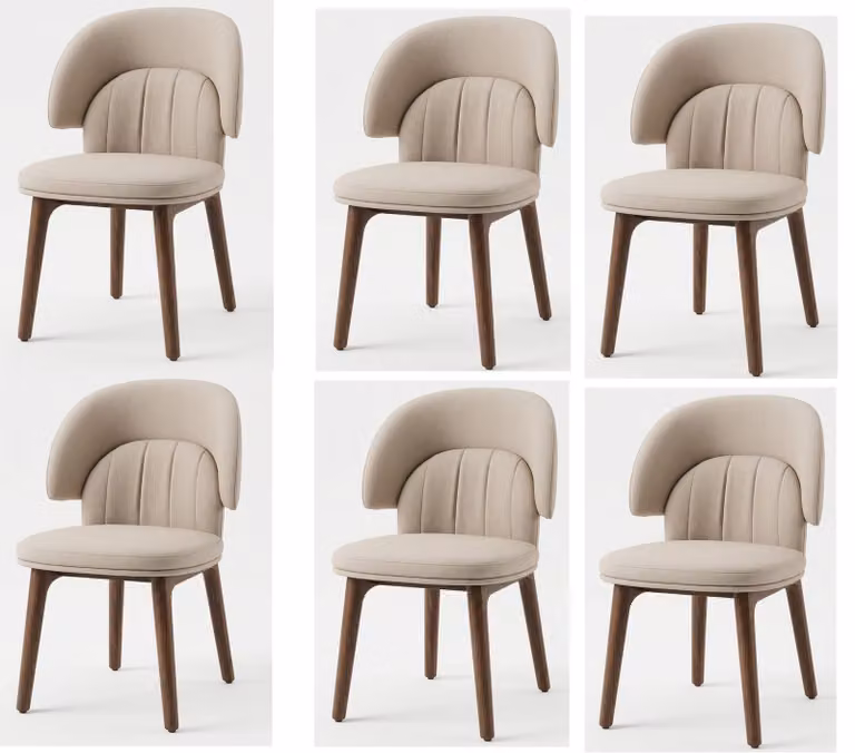 Set di 6 eleganti sedie da pranzo, colore beige, rivestimento in tessuto, finitura noce