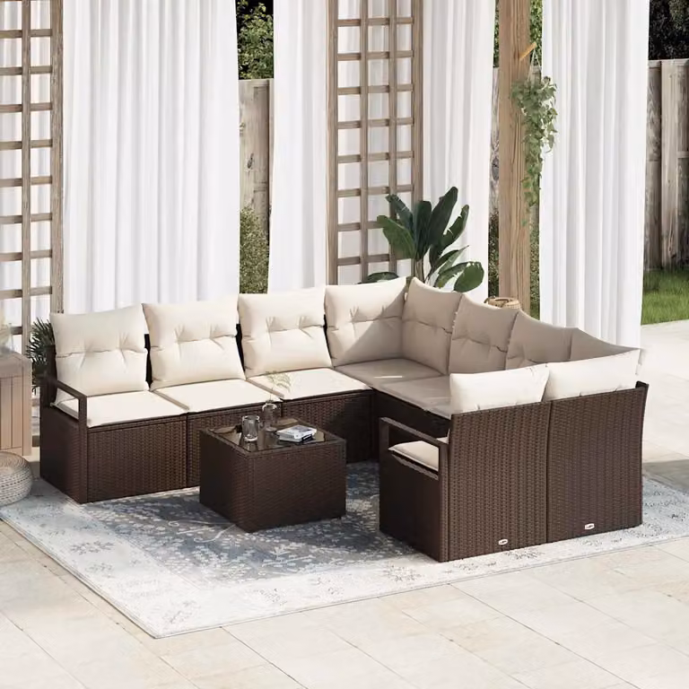 Set di divani da giardino vidaXL in rattan con cuscini, 9 pezzi, Marrone e Beige