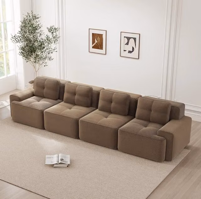 Divano modulare basso in velluto a coste marrone; 382x104x69 cm; senza montaggio
