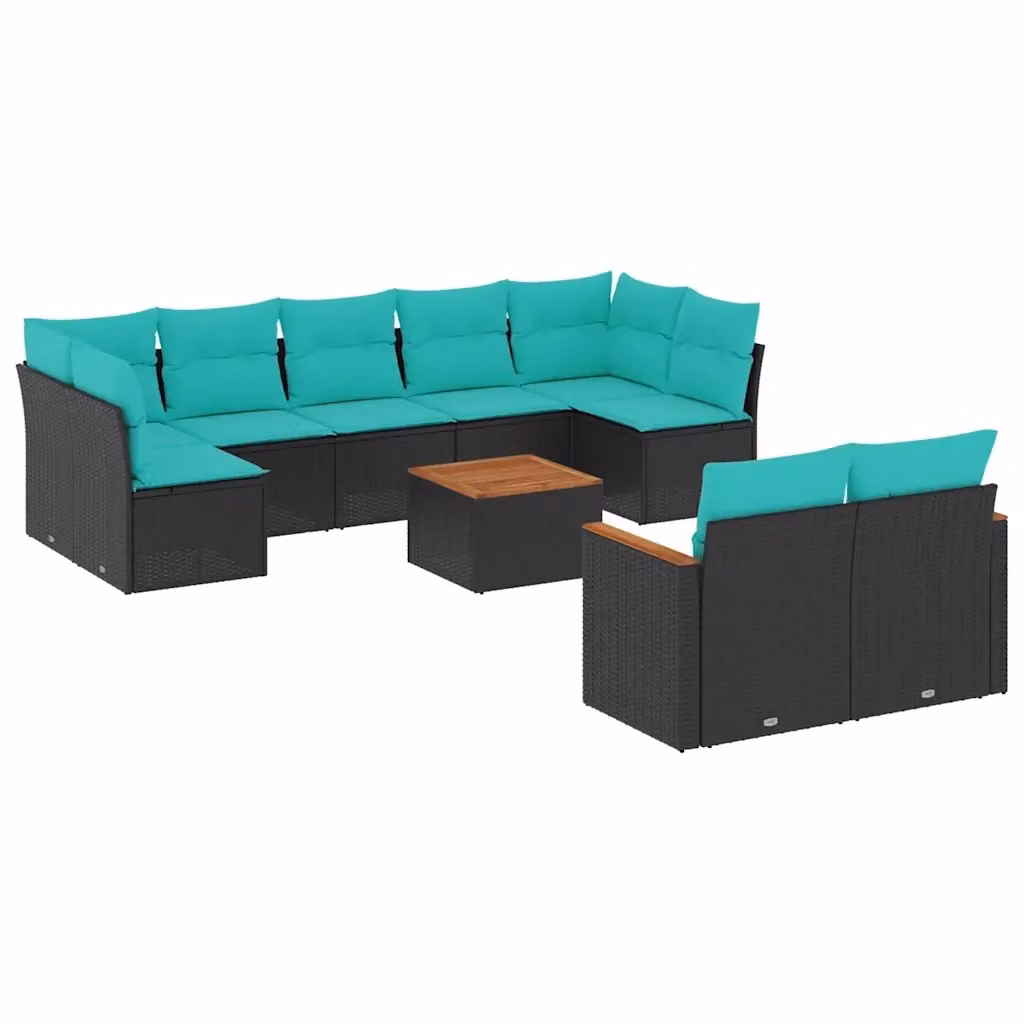 Set di Divani da Giardino a Forma di U con Cuscini vidaXL, Polyrattan Nero e Blu con Tavolino da Caffè e Struttura in Acciaio – 2