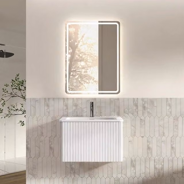 Set mobile bagno bianco: lavabo 60 cm con sottolavabo preassemblato e 1 cassetto, specchio LED orizzontale 60x80 cm senza cornice