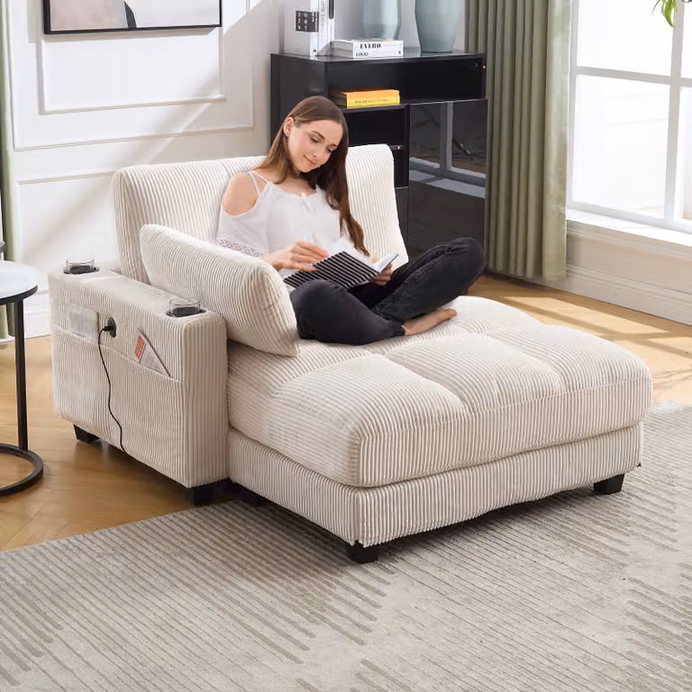Abrihome divano letto reclinabile con porta USB e portabicchieri, poltrona lounge con tasche laterali, beige