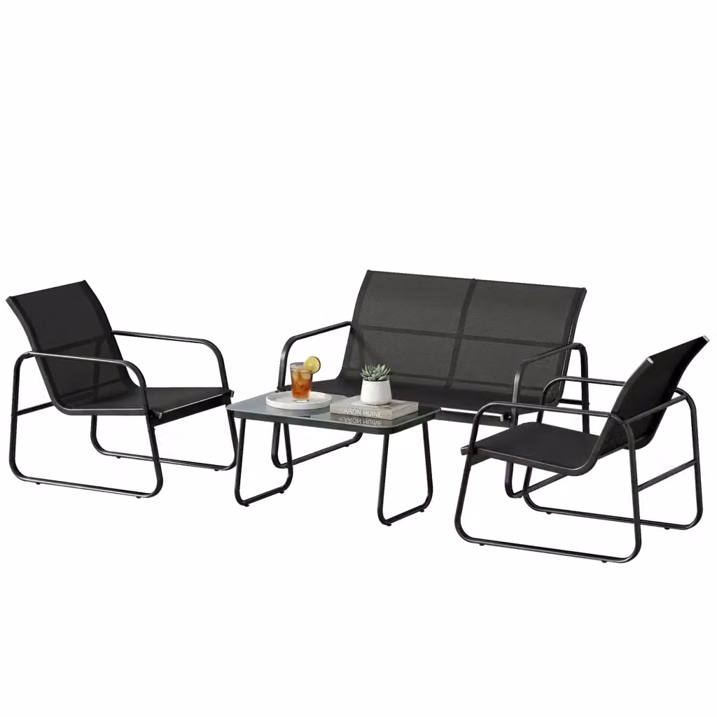 Set Giardino Minimal composto da 4 pezzi con Divano 2 Posti, 2 Poltrone e Tavolo con Piano in Vetro in Tessuto Textilene Grigio Scuro e Struttura in Metallo – 2