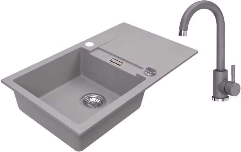 VBChome Lavello in granito 76 x 44 cm Grigio con rubinetto Lavello da incasso a vasca singola Reversibile Speckled Lavello di facile manutenzione con sifone